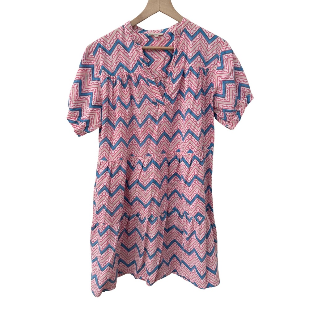 fitzroy&willa Tiered Mini Dress Size M Pink Blue Chevron Cotton Puff Sleeve